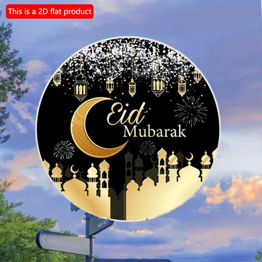 2D Flat 20*20cm1pc Eid Mubarak Black Gold Moon Fireworks Background Good Quality Round Wooden Pendant, Celebrate Eid Ceiling Hanging Ornament, Islam