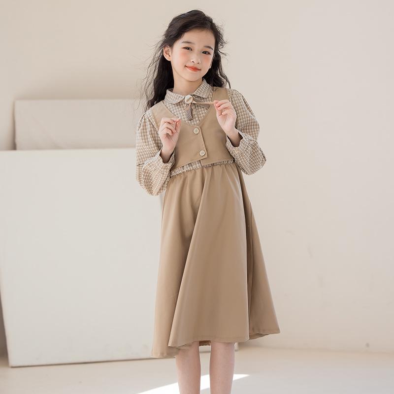 Платье для девочек «Гусиная лапка», имитация двойки - 2025 Осень, студенческий стиль для детей