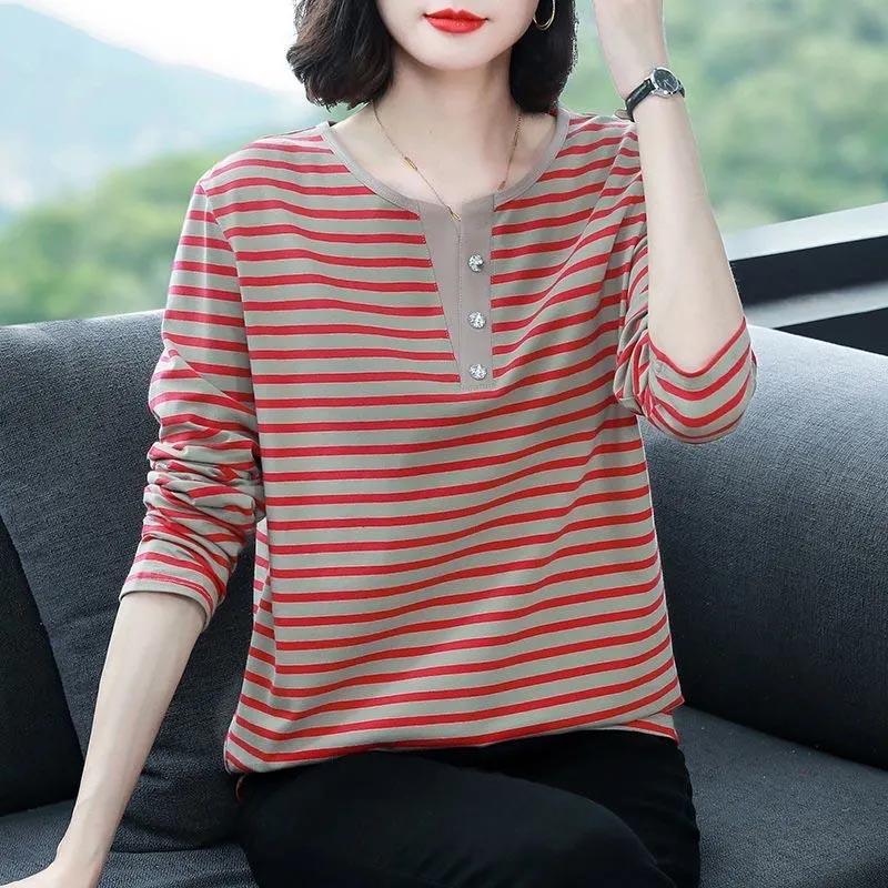 T-Shirt Tops Women Oversized Blouse Stripe Stretch Long Sleeve T-Shirt Round Neck Loose Tops
