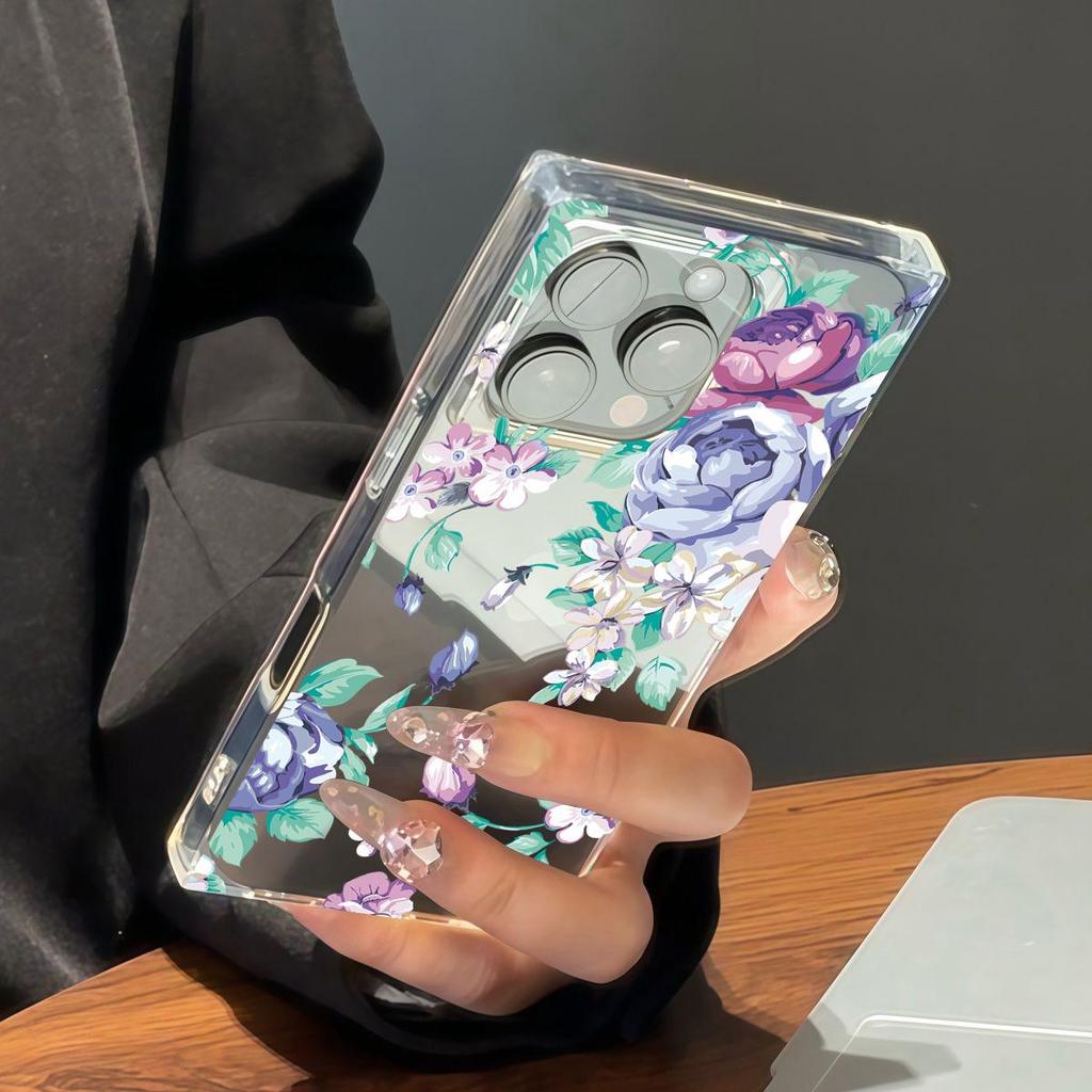 Прозрачный квадратный чехол-накладка для iPhone 14 Pro Max 16 ProMax 12 11 13 15 Plus, защита от окисления, чехол с узором 'Пурпурная роза'