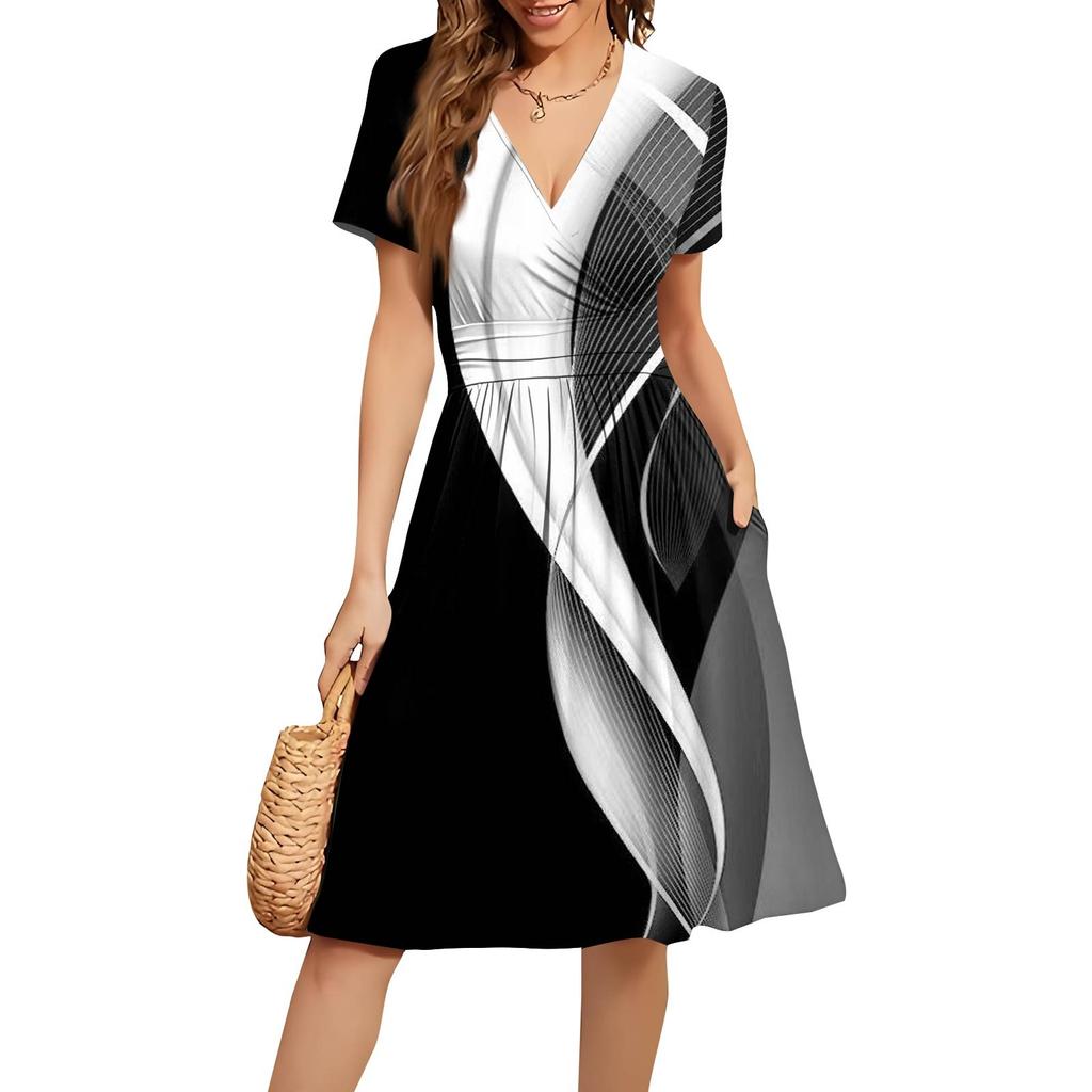 Женское летнее повседневное свободное удобное платье с v-образным вырезом и коротким рукавом с принтом
