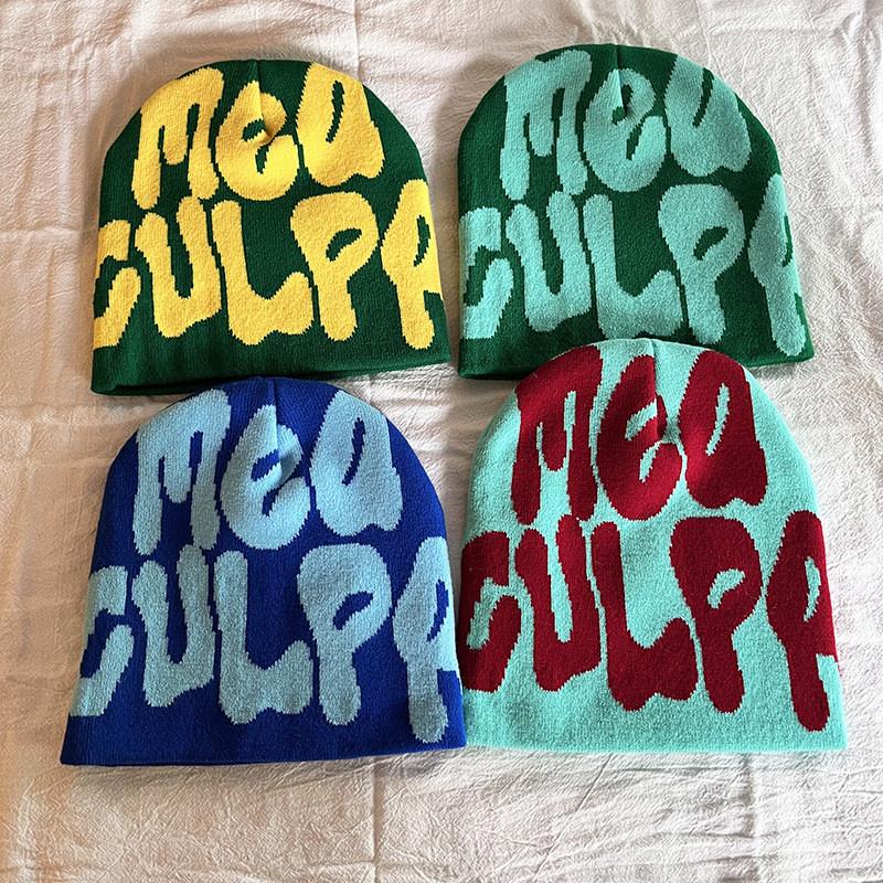 Acrylic Knit Beanie Hat With Embroidered Letters For Streetwear Fashion In Winter Season