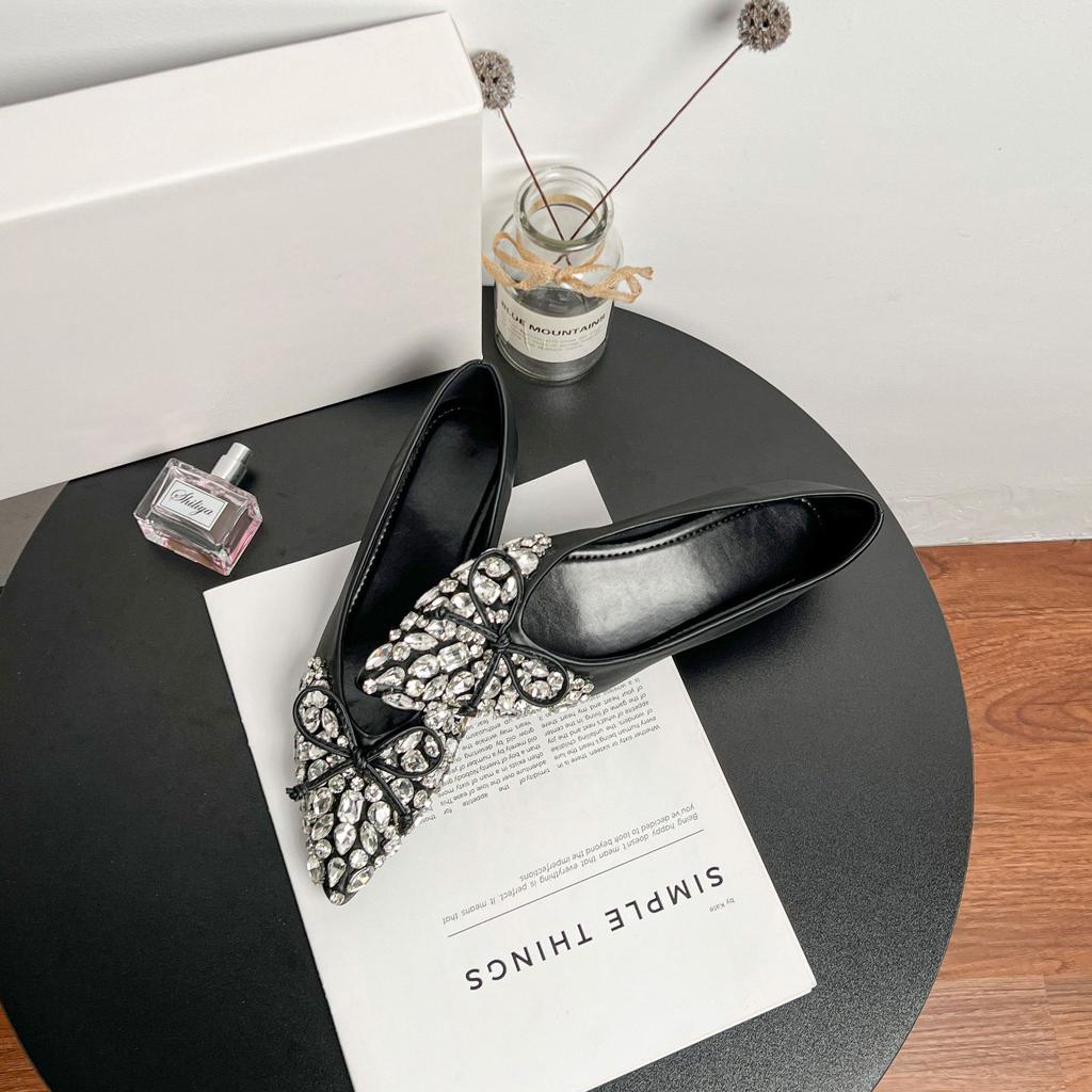 Autumn New Inner Heightening Shoes Women's Pointed Head Temperament Satin Bow Ladyshoes Rhinestone Shallow Mouth Flat Sole Shoes