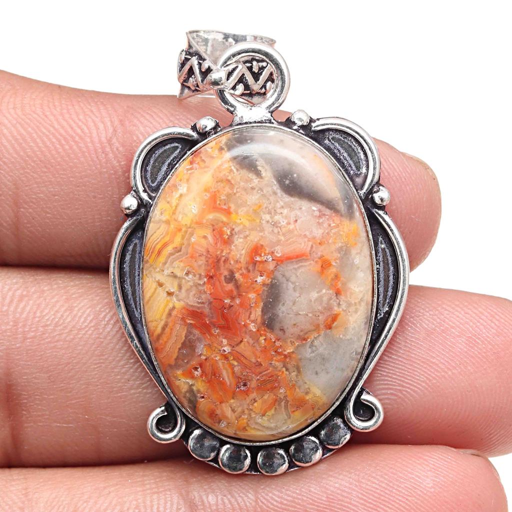 Pendant Crazy Lace Agate Gemstone Valentine'Day Gifted Silver Jewelry 2.25"