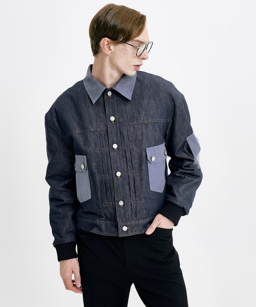 WUNDER GEIST Non-Faded Denim Pleated Faux Leather Suede Contrast Jacket