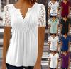 2023 Womens Pleated Lace Sleeve Short Sleeve Solid Color Button Up T Shirt Top