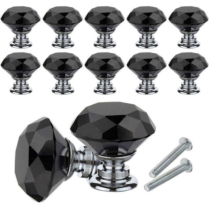 Boutons de meuble cristal noir 30 mm - Lot de 10 avec vis