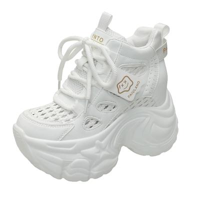 Модные 10-сантиметровые массивные кожаные кроссовки, летние повседневные вулканизированные туфли на шнуровке, женские кроссовки на высокой платформе, дышащие, с полым сетчатым верхом, спортивные кроссовки в стиле «папа»