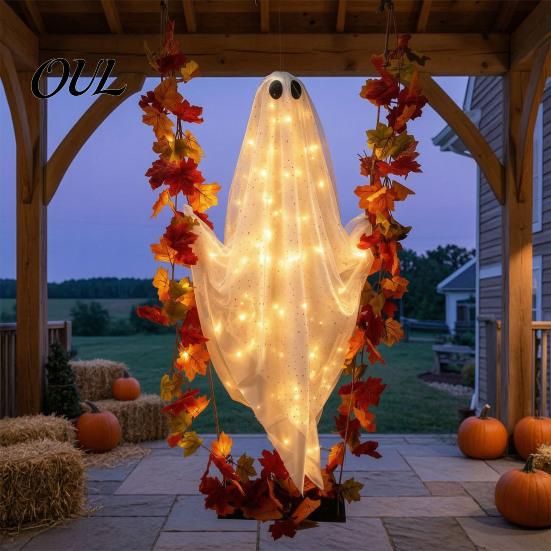 Remote Control LED Ghost Lights Swinging Outdoor Decor, Large Halloween Hanging with Maple Leaf Glowing Gauze Pendant Vine And for Tree, Porch, Yard,