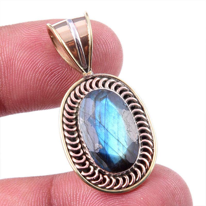 Natural Labradorite 925 Solid Sterling Silver Jewelry TwoTone Pendant 1.50" D3t59