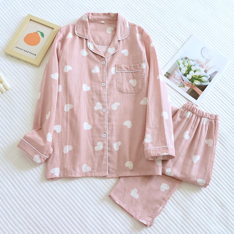 Women's Long Sleeve Cotton Pajamas - Heart Pattern, Double Layer Gauze, Sweet & Cozy Homewear Set for Spring/Autumn