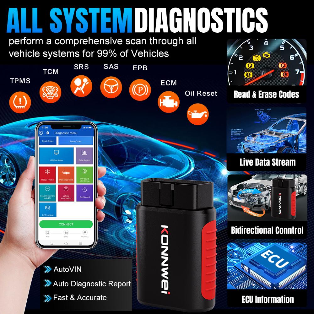 2026 KONNWEI KDIAG Автомобильный Bluetooth OBD2 Диагностический Инструмент Всех Систем Чтение Стирание Кодов EPB DPF Сброс Масла SRS SAS TPMS Сканер Датчиков