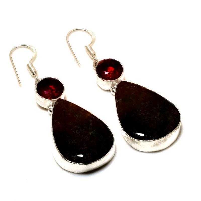 Bloodstone Garnet Gemstone 925 Silver Plated Handmade Jewelry Earring 2.00"