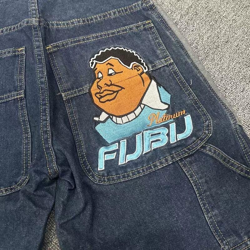 Мужские джинсовые шорты RogueWave Y2K Харадзюку Хип-хоп Мультяшная вышивка Синие Мешковатые Джинсовые Повседневные Шорты до колена