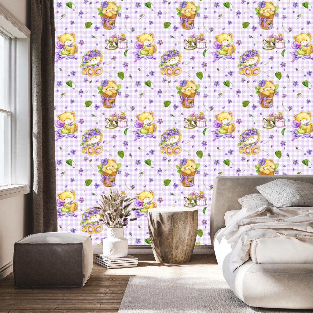 Checkered wallpaper teddy bear flowers leaves for living room and bedroom 50x1000
