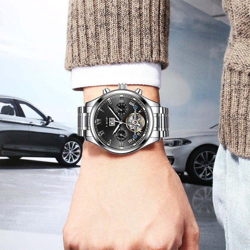 Механические часы LIGE из нержавеющей стали с автоматическим механизмом, водонепроницаемые, глубина 30 м, дисплей даты, деловые, повседневные, аналоговые, с полым маховиком, серебристые