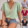 Women's Summer Tops Fashion Clothes Casual V-neck Chiffon Blouses Short Sleeve Tee Shirts Ladies Solld Color Loose Lace Shirts