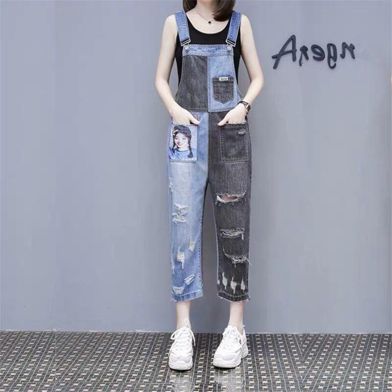 Spring Summer Distressed Denim Patchwork Overall Pants for Women Korean Style Loose Youthful All-Match 9/10 Wide Leg Jumpsuits