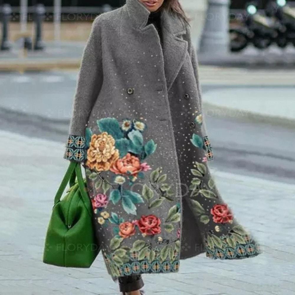 Europe And The United States Fall Women's Long-sleeved Lapel Coat Printed Tweed Long Coat