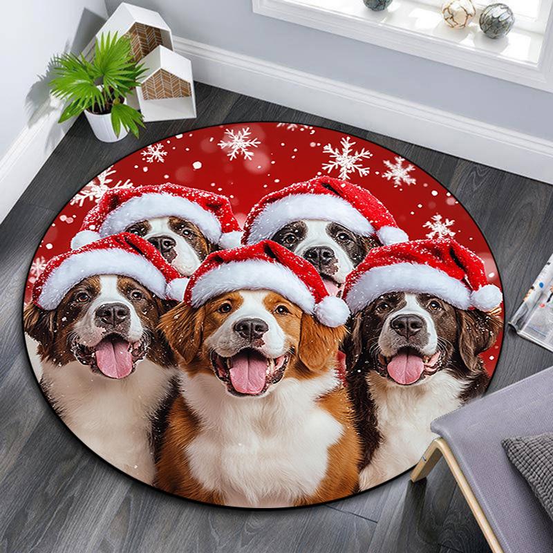Dogs in Santa Hats Round Area Rug,Carpet Rug for Living Room Bedroom Sofa Playroom Decor,Non-slip Floor Mat