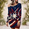 Women Plus Size One Shoulder Strap Long Sleeve Printed Red Blue White Bodycon Mini Dress
