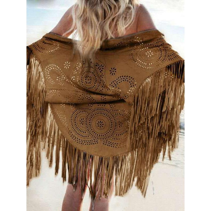 Camel Suede Floral Hollow Out Fringe Tassel Shawl Women Vintage Capes Ponchos Autumn Bohemian cardigan Cloak Boho Capes