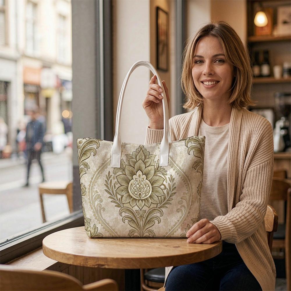 Elegant Damask Print Tote Bag Large Capacity Ladies Casual Daily Shoulder Bag for Shopping Commuting