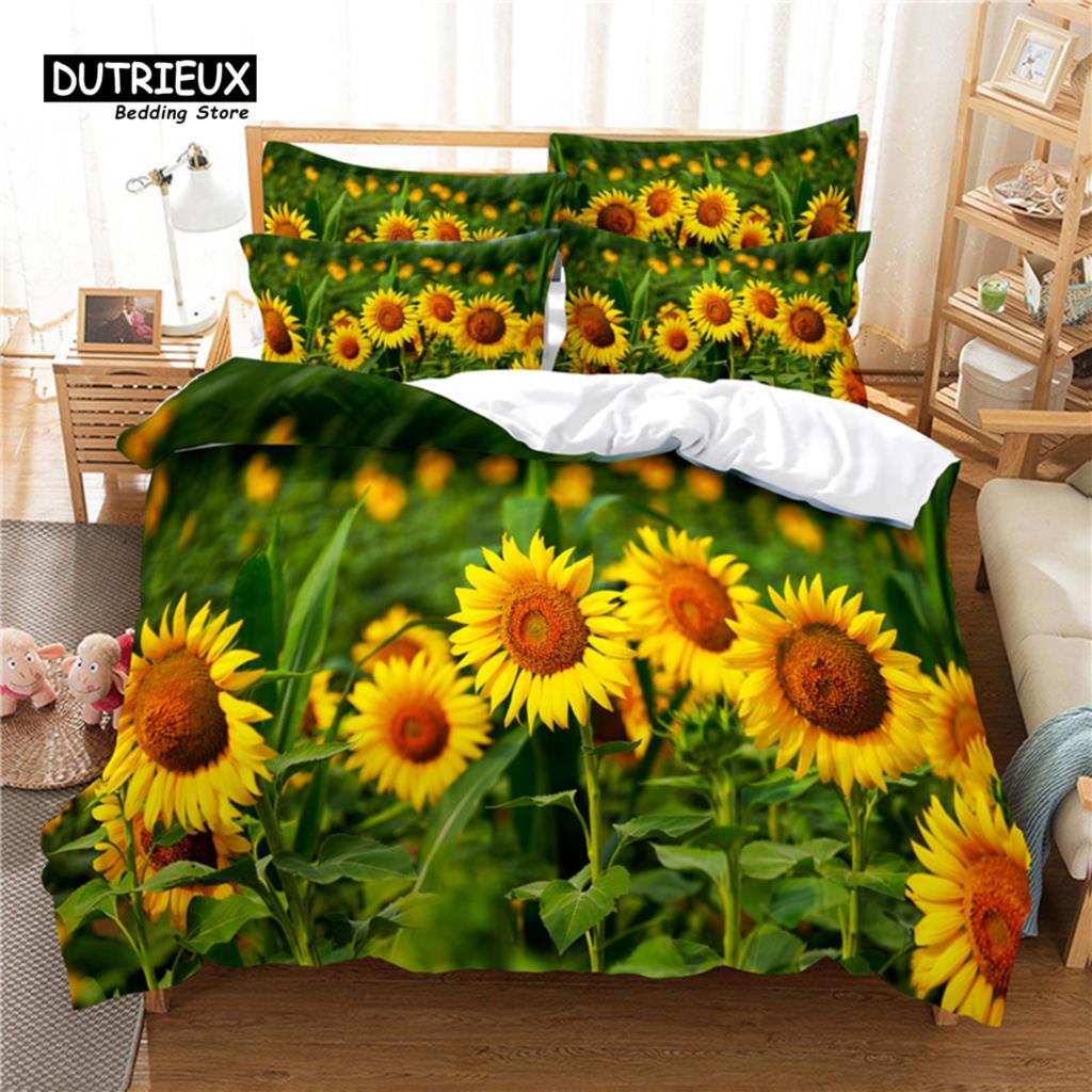 Beautiful SunFlower Bedding Set, 3Pcs Duvet Cover Set, Soft Comfortable Breathable Duvet Cover, For Bedroom Guest Room Decor