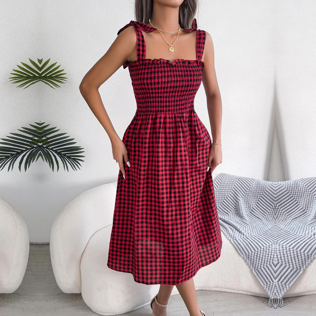 Женское повседневное платье без рукавов с лямкой на шее и лямкой на шнуровке, контрастное клетчатое длинное платье с высокой талией, S-XL