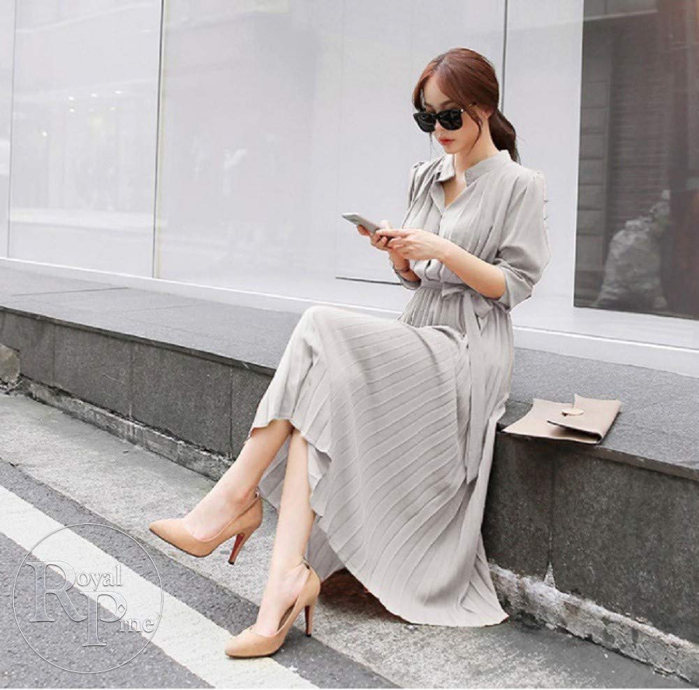 Королевская сосна Рубашка Длинное плиссированное с поясом Легкое женское А-силуэта платье, Рукава, Шифон, (XL, Серый)