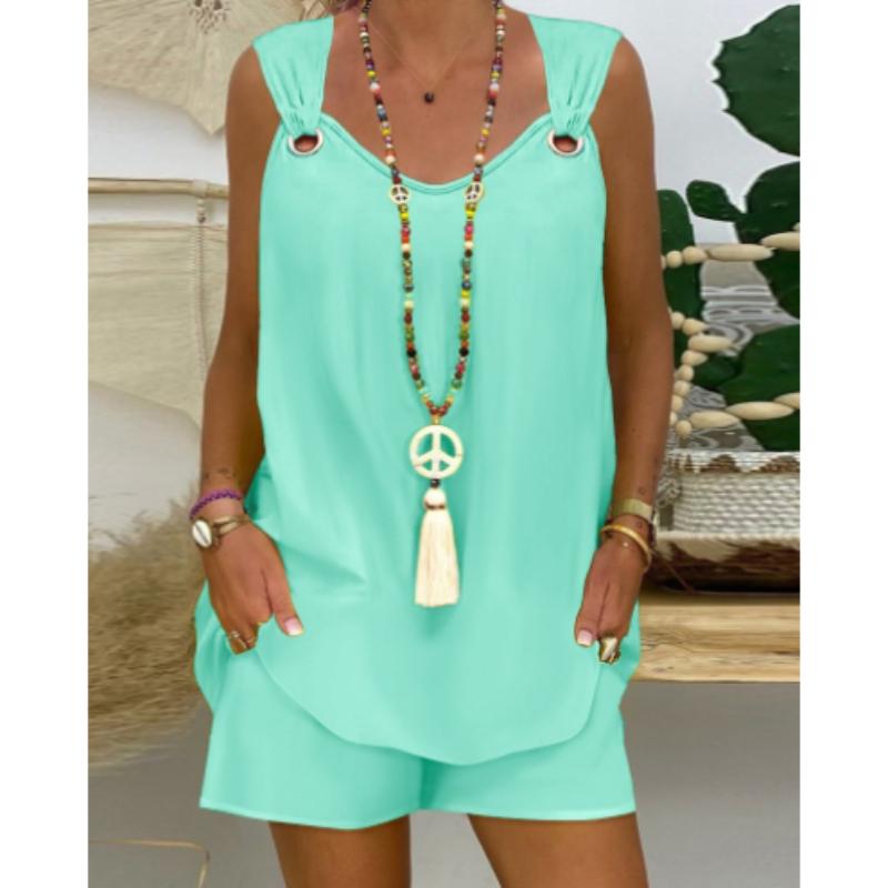 Летний женский комплект из 2 предметов: жилет без рукавов с V-образным вырезом и шорты