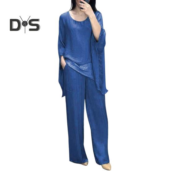 Женский повседневный костюм, топ, широкие брюки, свободный наряд для дома, вечеринки, офиса, с круглым вырезом, с рукавами «летучая мышь», комьютерный костюм