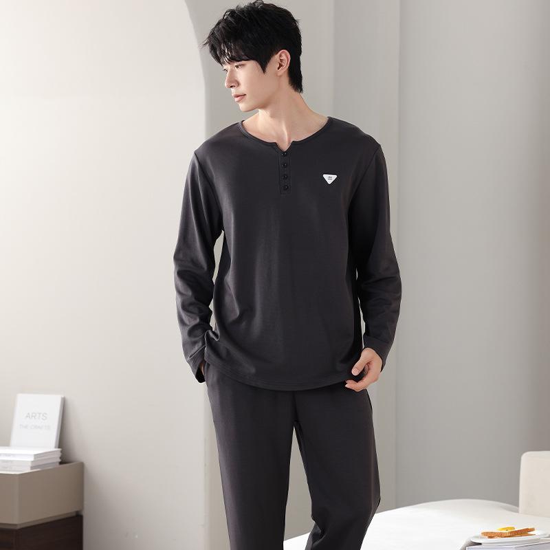 Pajamas Men'S Pure Cotton Long-Sleeved Spring And Autumn Casual Pullover High-End Simple Loungewear Large-Size Set