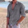 2024 New Men's Shirt Cotton Linen Fashion Casual Polo Neck Beach Shirt Long Sleeve Solid Hawaiian Holiday Shirts