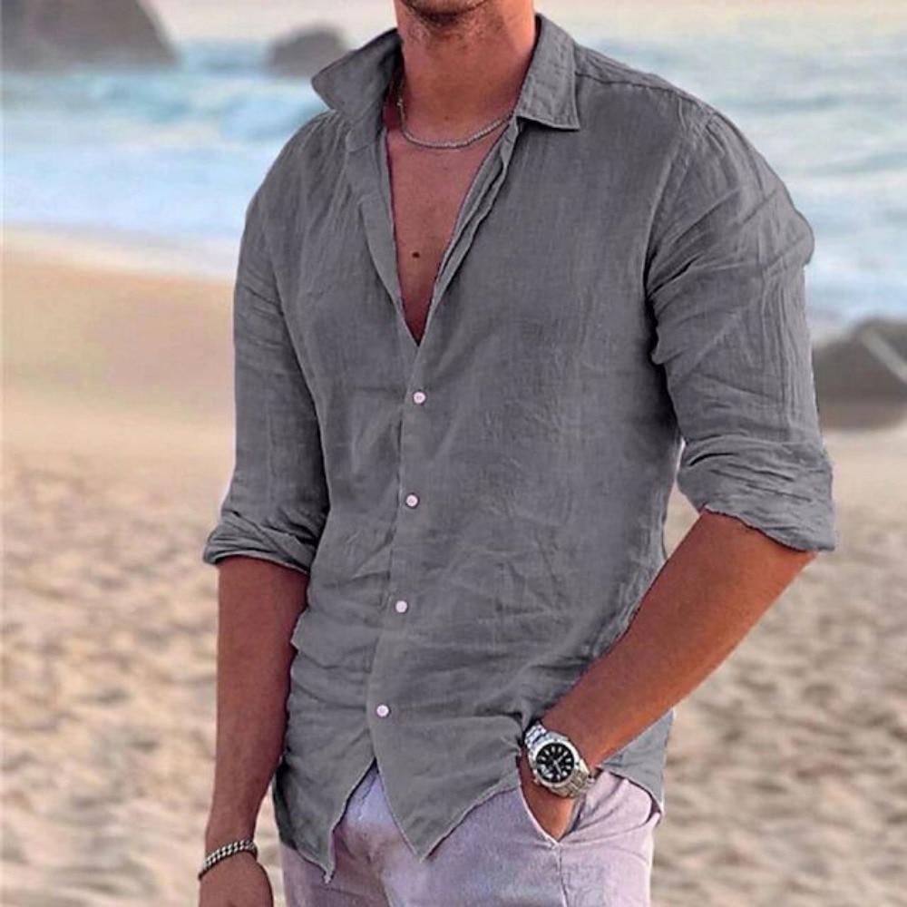 2024 New Men's Shirt Cotton Linen Fashion Casual Polo Neck Beach Shirt Long Sleeve Solid Hawaiian Holiday Shirts