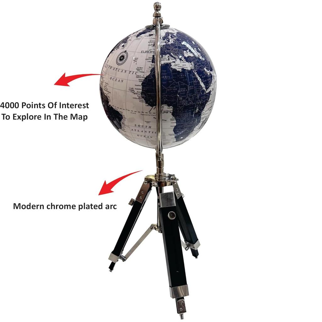 Educational and Antique Blue Wooden Tripod for Home Decor World Globe Up To Date Map, Office Decor, Gift Item, Showpiece