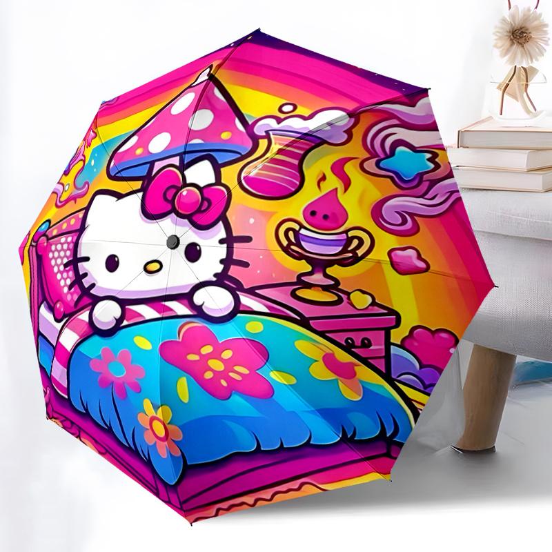 1pc Hello Kitty Mushroom Automatic Opening/Closing Umbrella - Portable Three-Fold Design with 8-Bone Iron Frame, Outdoor for Fans, Travelers, Daily Us