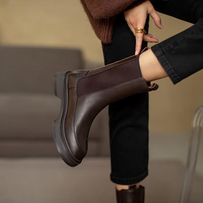 Модные Горячие Женские Ботинки из Натуральной Кожи в Ретро Британском Стиле Слипоны Челси Модные Ботильоны Круглый Носок Плоская Подошва Женская Обувь