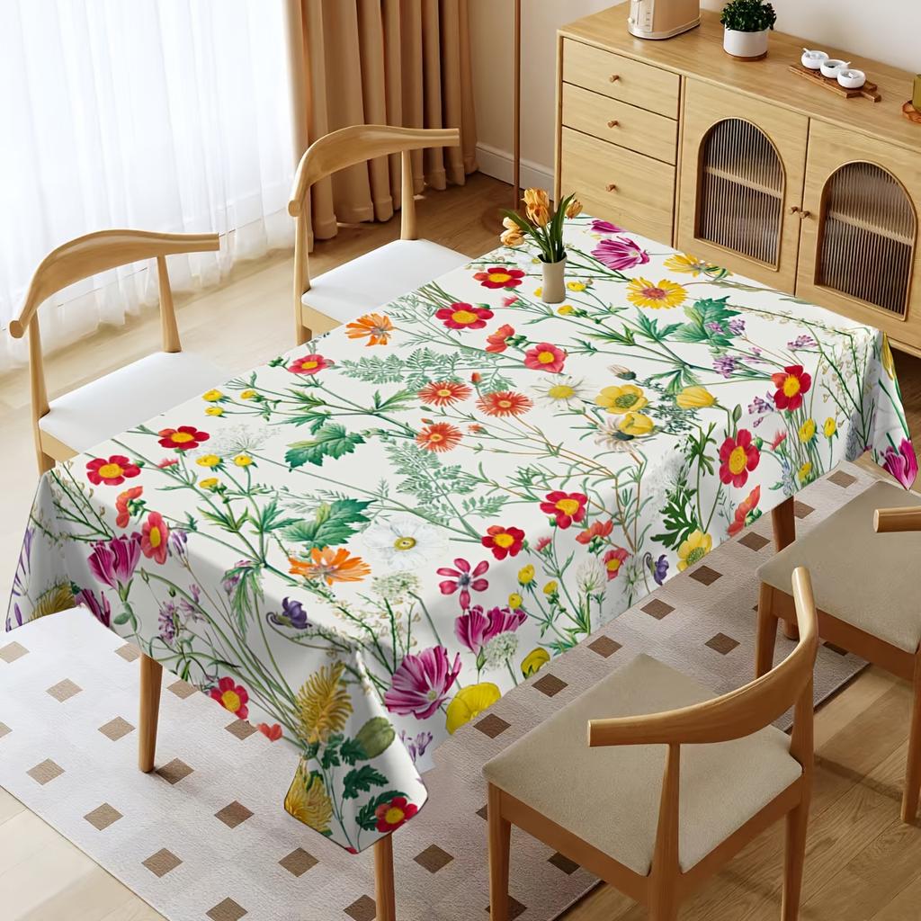 A Rectangular Tablecloth with a Colorful Floral Pattern for Spring And Summer, Machine Washable, Suitable for Both Indoor And Outdoor Use, Perfect for