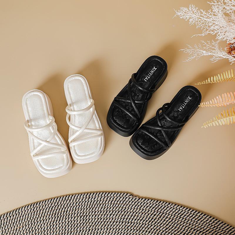 Guochao new Chinese platform sandals women's summer new silk satin square head muffin bottom wear national style cool slippers