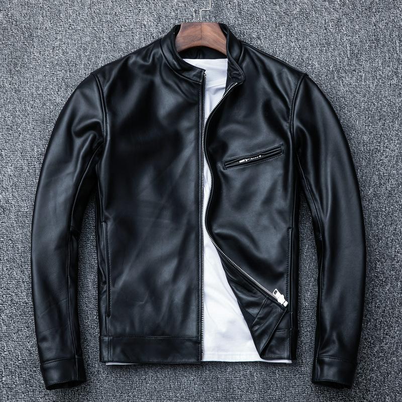 New Genuine Leather Jacket Men's First Layer Sheepskin Slim Stand Collar Youth Leather Jacket