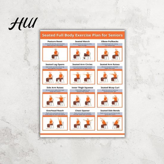 Office Workout Seated 2Pcs Full Body Stretching Poster Chart for Seniors Chair Exercise Routine Guide Pre Warm Up Elderly Low-Impact Flexibility Plan