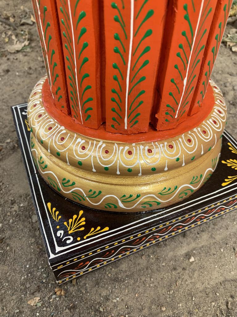 Hand Painted Wooden Chowki Pedestal Table | Indian Folk Art Statue Stand