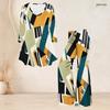 Women Plus Size Two Piece Set V Neck Long Sleeve Striped Printed Tunic Top And Flared Pants