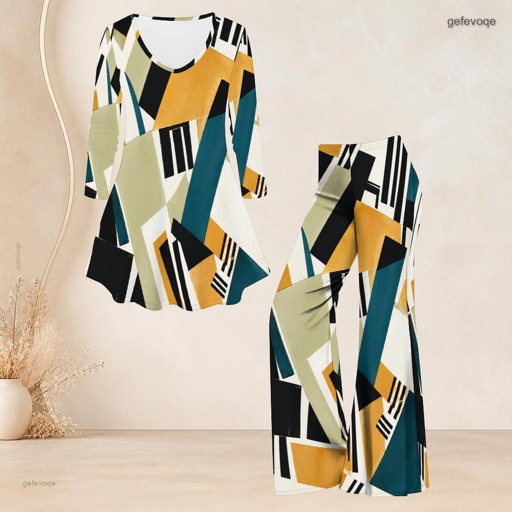 Women Plus Size Two Piece Set V Neck Long Sleeve Striped Printed Tunic Top And Flared Pants