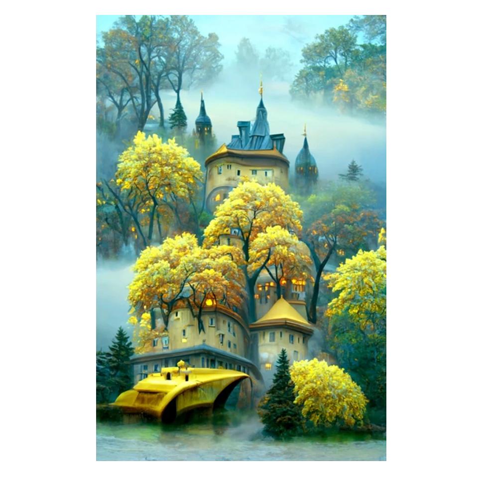 5D DIY Алмазная мозаика Картина Полный квадрат Стразы Озеро Замок Лунная дорога Алмазная вышивка Цветочный пейзаж Головоломка Подарок