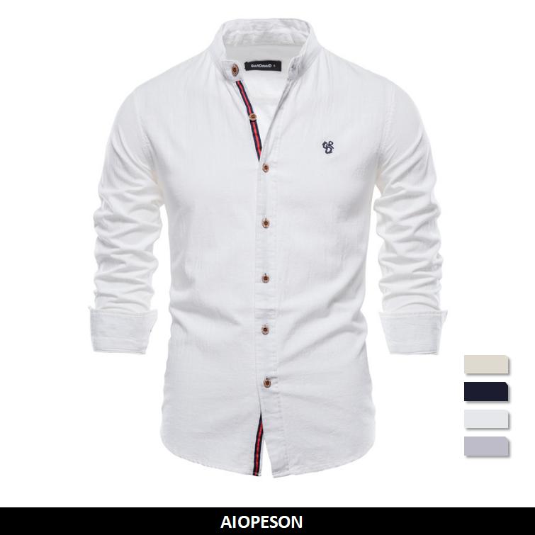 Spring Summer 100% Cotton Shirt Men Fashion Solid Color Stand Collar Long-sleeved Mens Shirts Social Casual Men Clothing