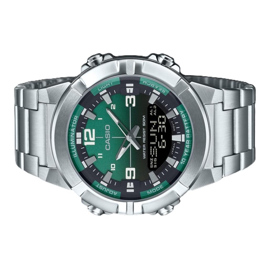 Casio Аналоговые цифровые комбинированные кварцевые часы из нержавеющей стали с зеленым циферблатом AMW-870DA-3AV для мужчин