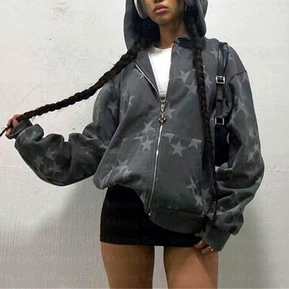 Hoodie Coat Star Print Pockets Zipper Closure Elastic Thread Cuff Long Sleeve Relaxed Fit Unisex Hooded Streetwear Hip Hop Fall Winter