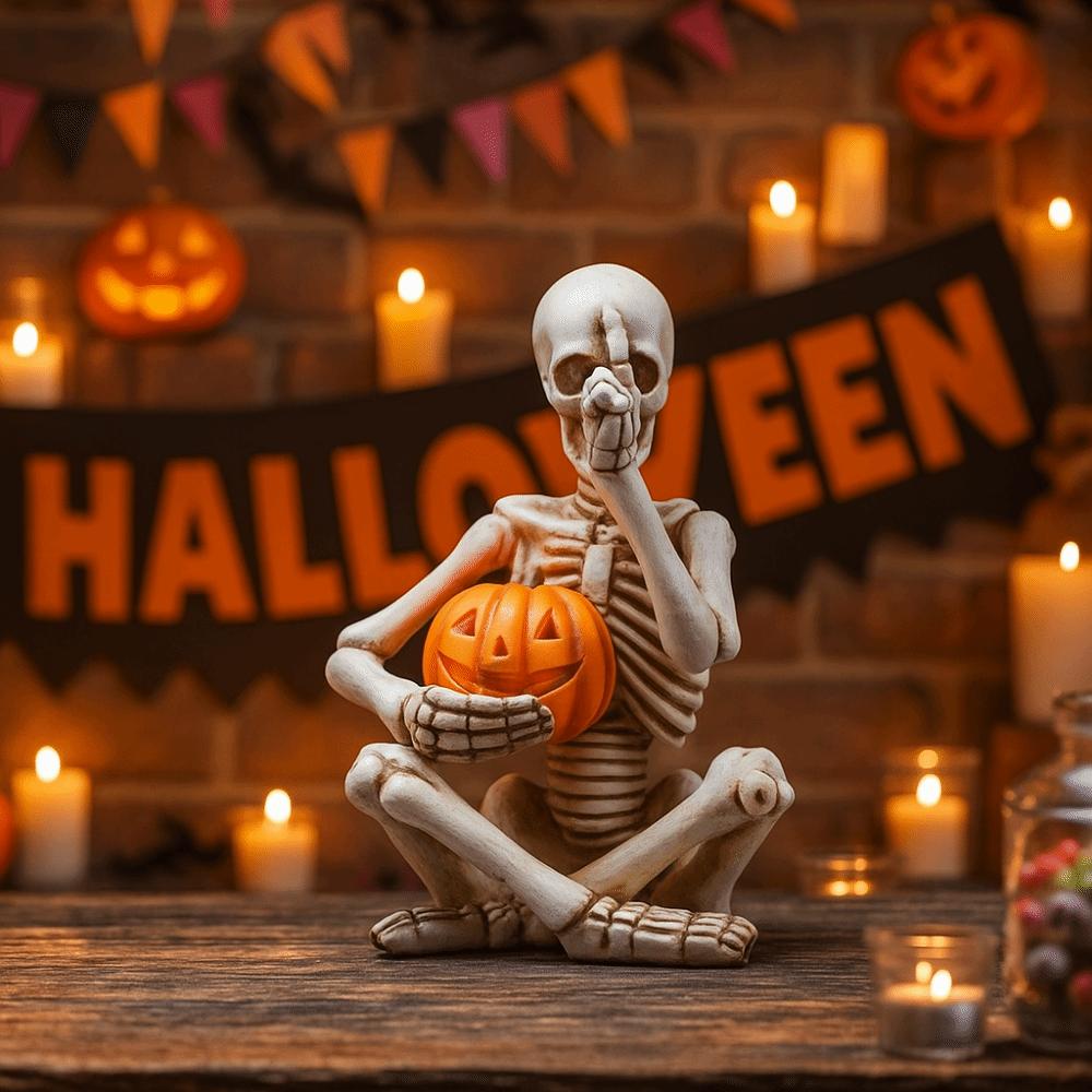 Glowing Design Halloween Skeleton Figurine Resin Craft LED Pumpkin Skull Light Outdoor Yard